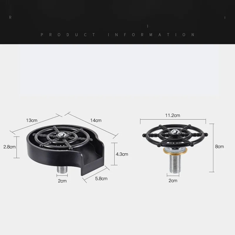 Black automatic cup washer with five-hole nozzle installed on a bar counter sink with a glass being rinsed