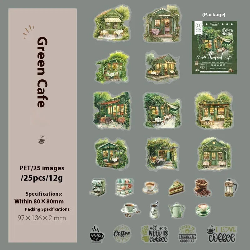 Encounter Cafe Series hand account sticker package with retro style, six colour themes, 25 or 75 stickers for scrapbooking