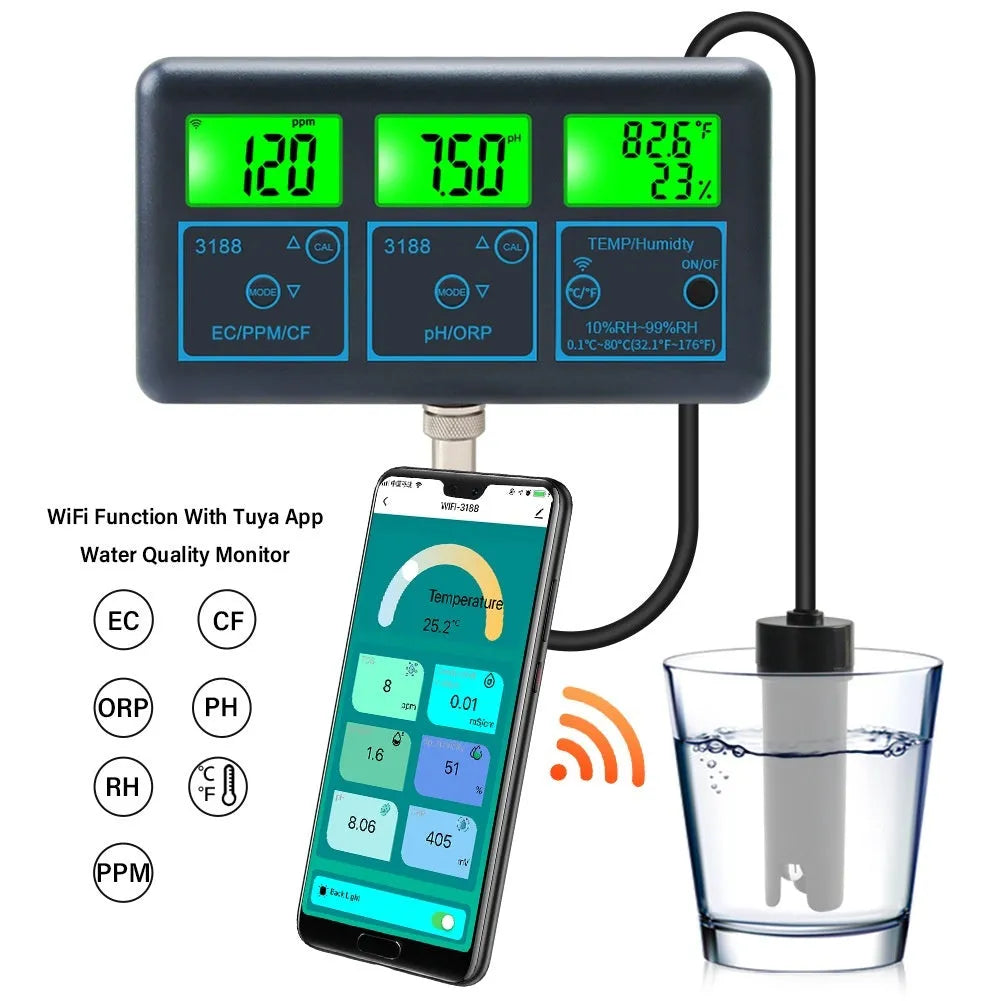 7-in-1 WiFi water quality monitor in black with Graffiti app interface showing EC TDS pH ORP temperature data