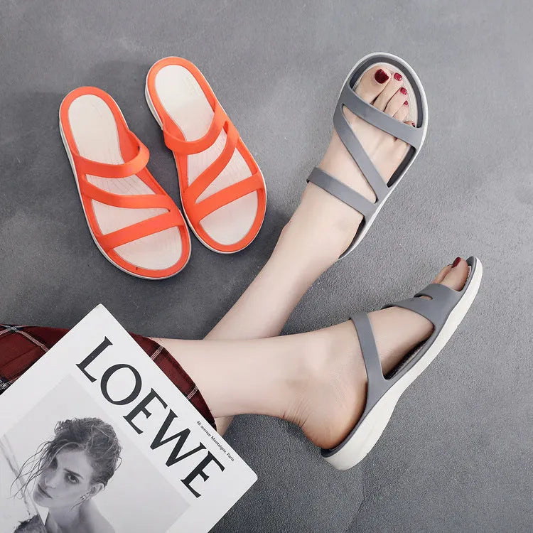 Women's solid colour summer sandals in PP material, shown in red, available in sizes 36 to 41.
