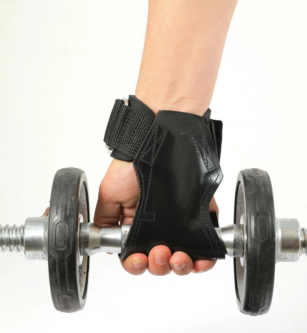 Black rubber weightlifting palm protector belt for non-slip grip during barbell and rock climbing.