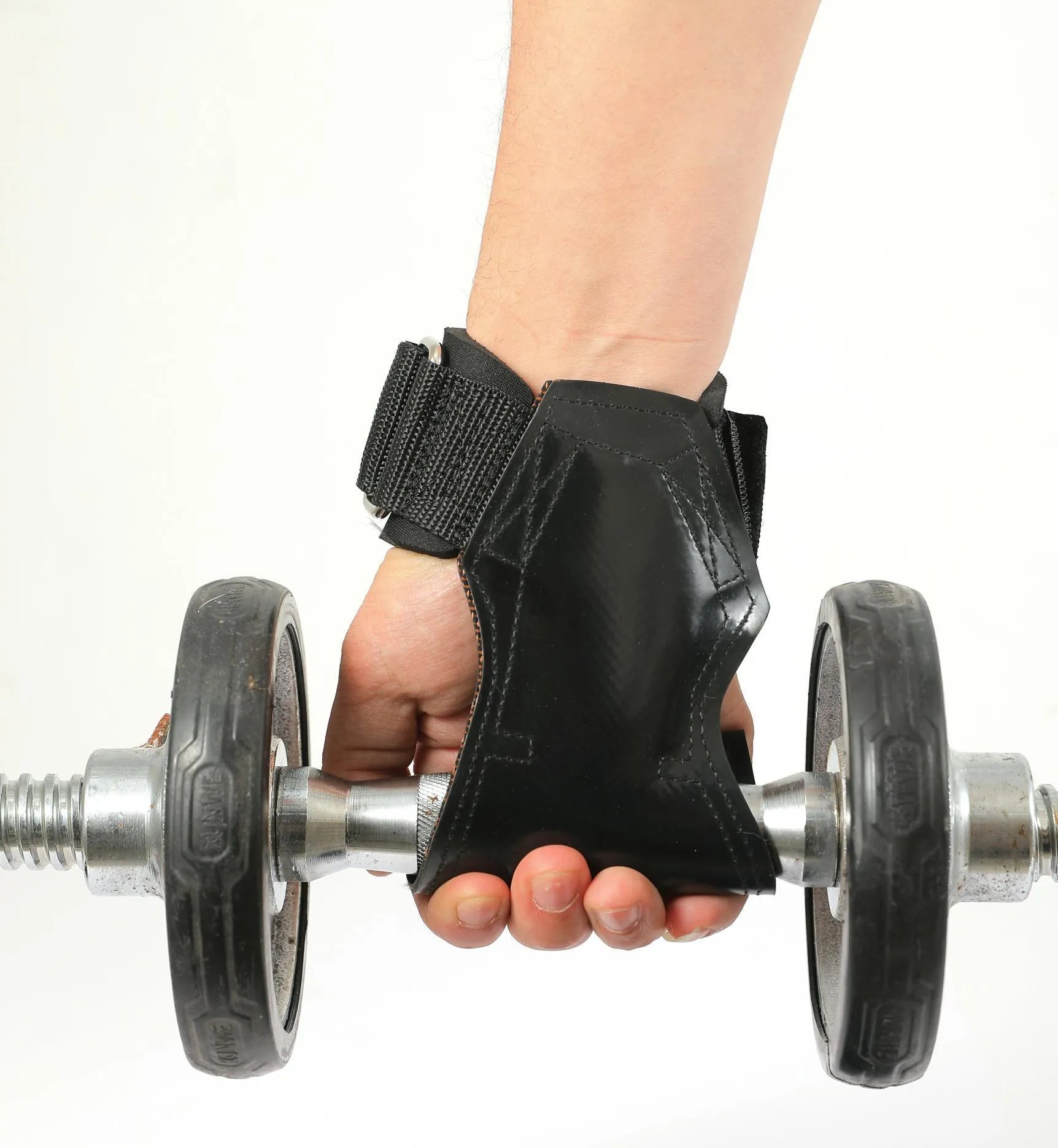 Black rubber weightlifting palm protector belt for non-slip grip during barbell and rock climbing.