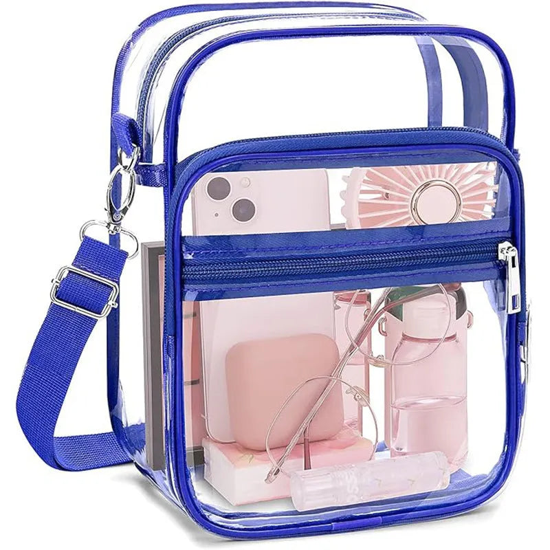 PVC waterproof crossbody bag in cube style design showing dimensions and colour options