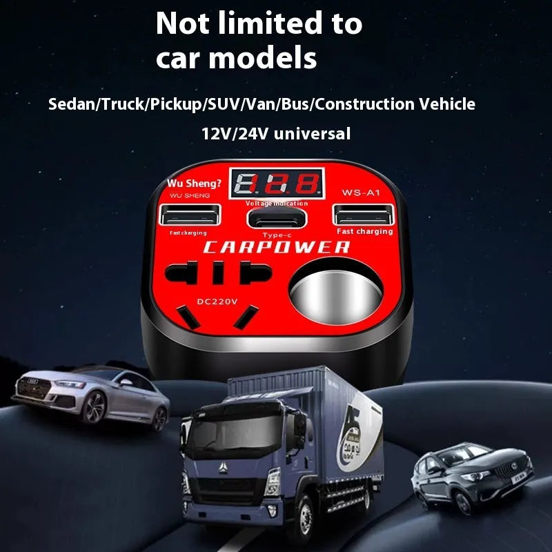 200W car inverter converting 12V/24V to 220V with USB, Type-C, and cigarette lighter expansion port