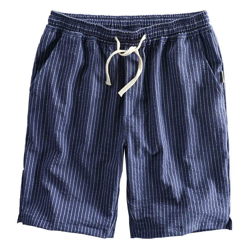 Men's striped casual shorts in a loose straight-leg style on a plain background.