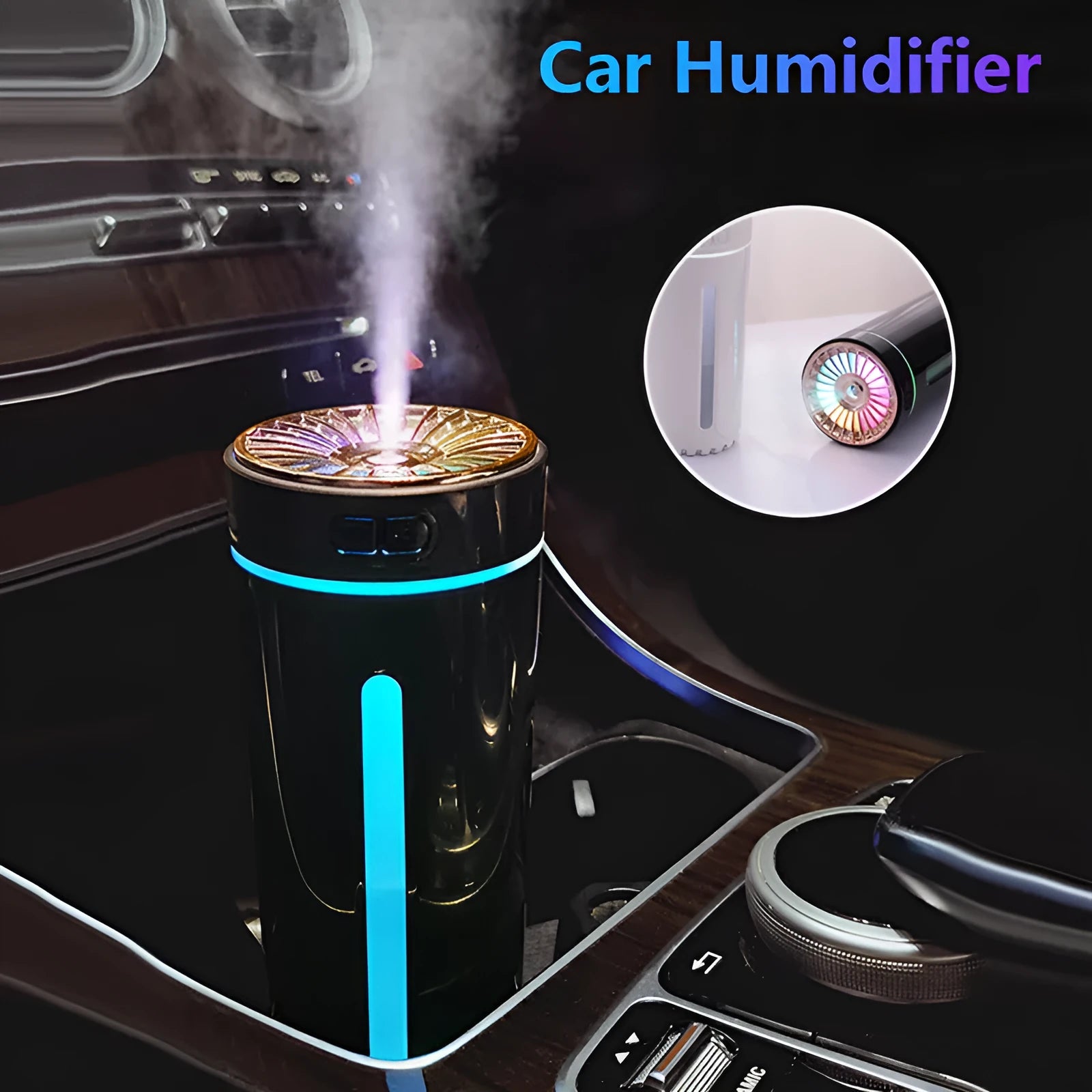Black wireless USB car humidifier with colourful LED lights on a desktop next to a cup holder.