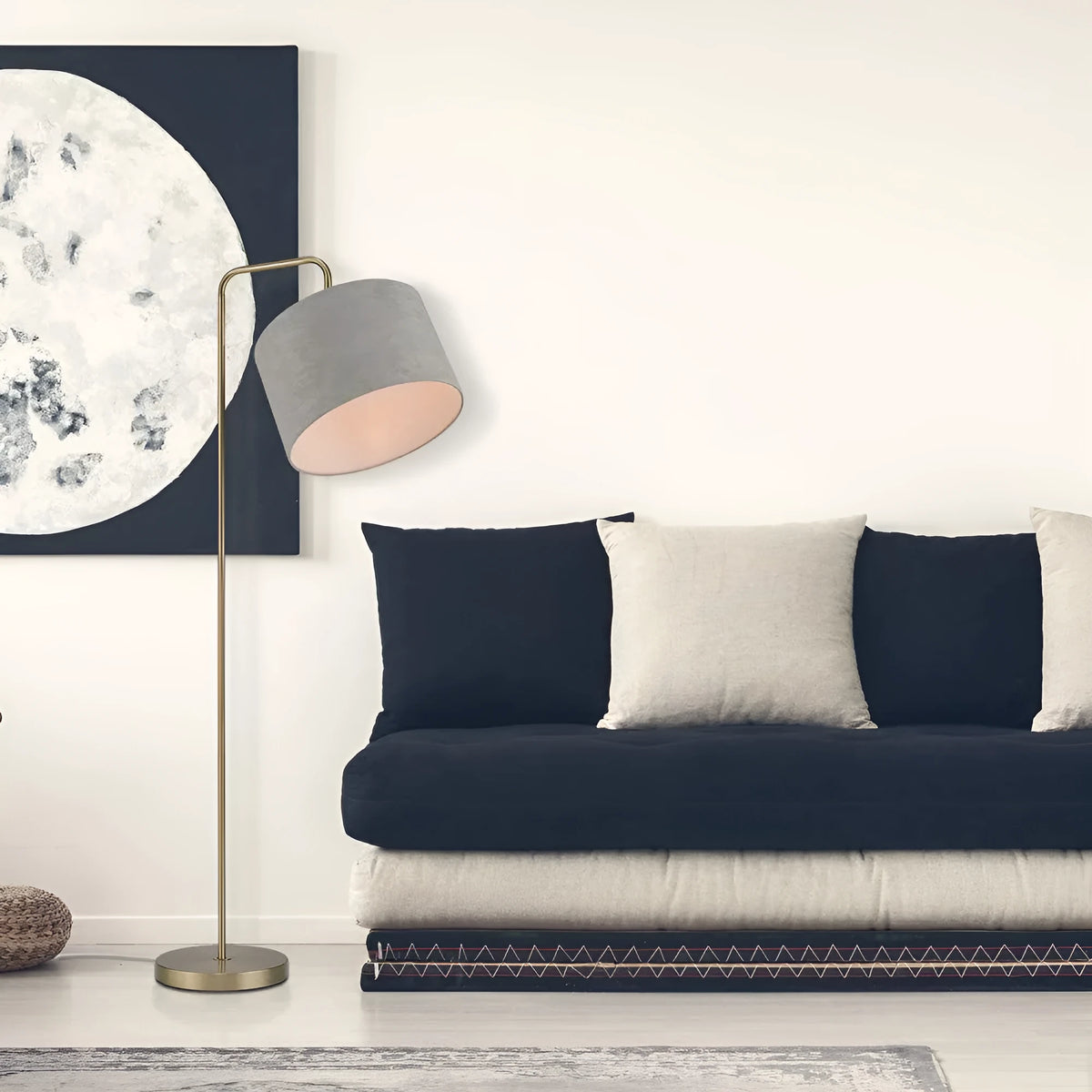 LED floor lamp with multi-angle adjustable head, fabric shade and iron body, in Black or Gold