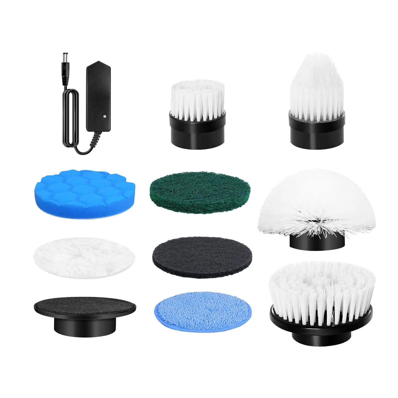 White rechargeable handheld cleaning brush with multiple power adapters for household use