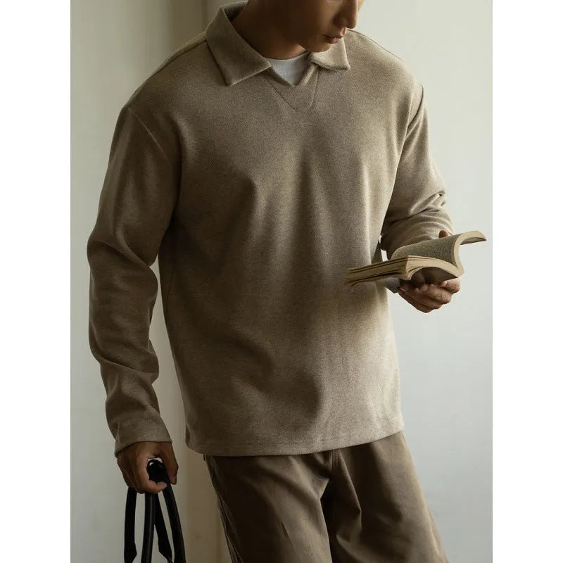 Men's casual drop-shoulder V-neck long sleeve polo shirt in gray, made from polyester fibre blend.