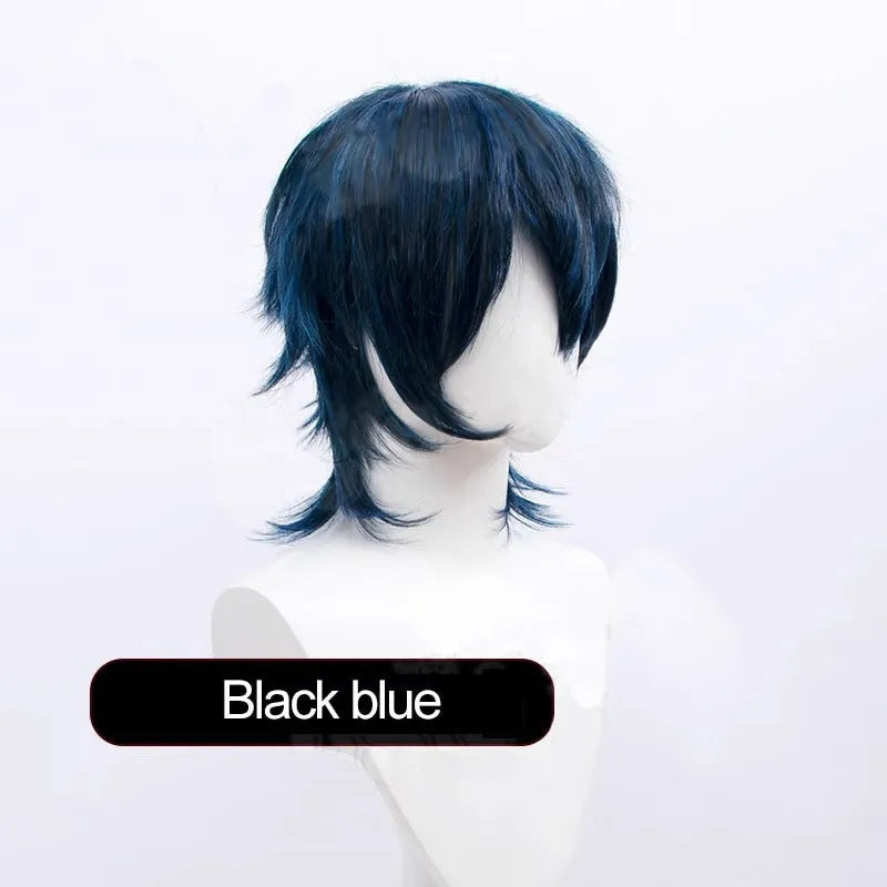 Short styled black and blue anime cosplay wig with a tail for men on a stand.
