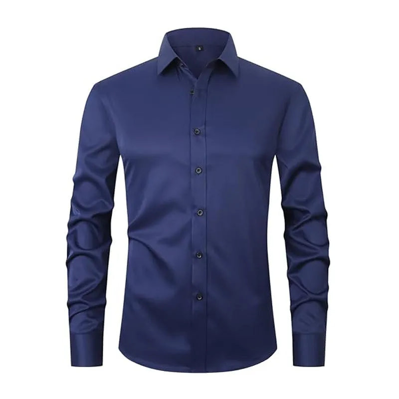 Man wearing a stretch polyester long sleeve work shirt in a blue colour, suitable for manual labour.