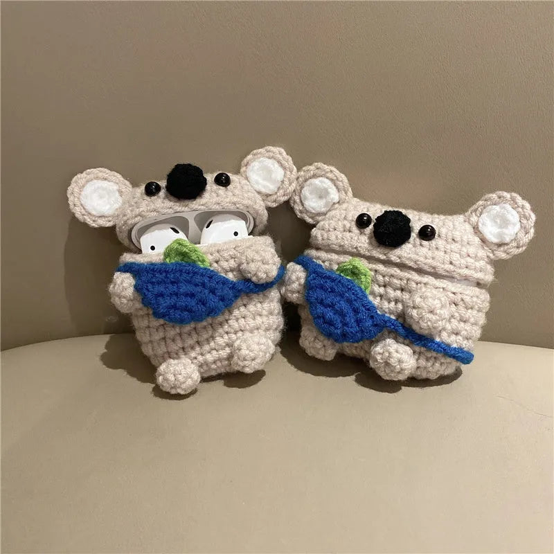 Hand-knitted koala bear design protective cover for Apple AirPods case.