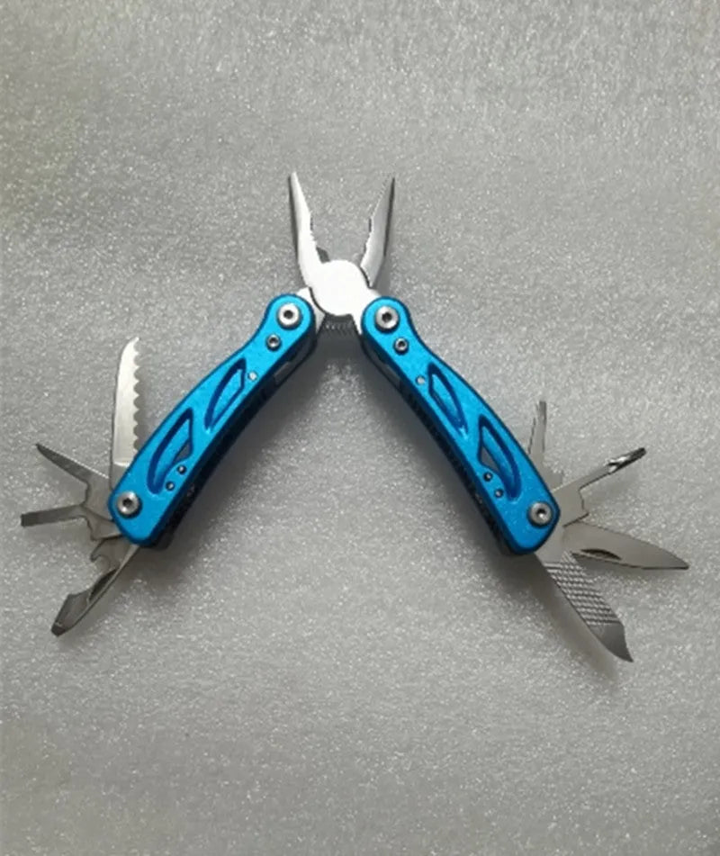 Blue outdoor multi-function pliers knife with stainless steel construction and Oxford fabric carry bag