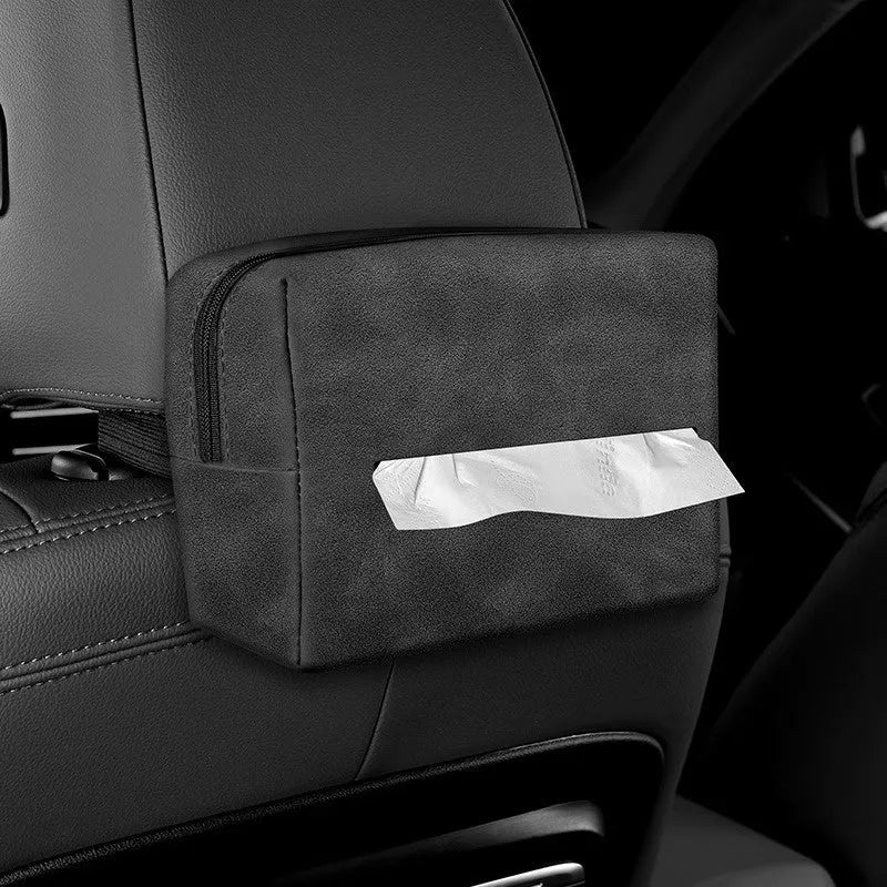 Plush suede car tissue box, hanging vehicle-mounted tissue bag, 18x12.5x9cm, in Beige, Black, Caramel Mocha, Gray or Wine Red