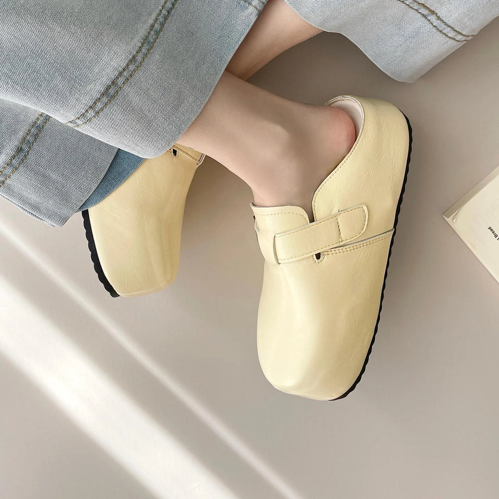 Flat buckle casual sneakers with round toe in yellow, creamy-white, silver, and black colour options