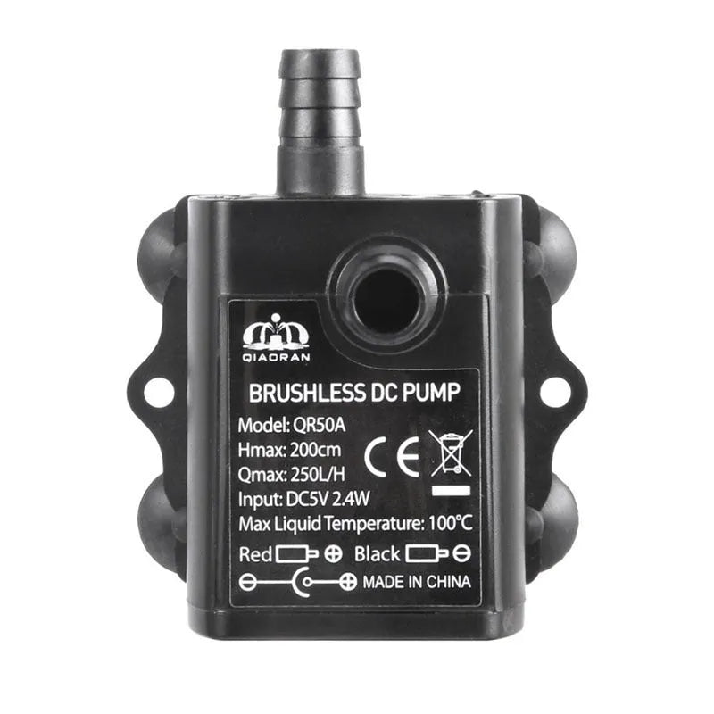 Micro brushless DC submersible pump in black with USB cable, 8mm inlet and outlet, and rubber suction cups