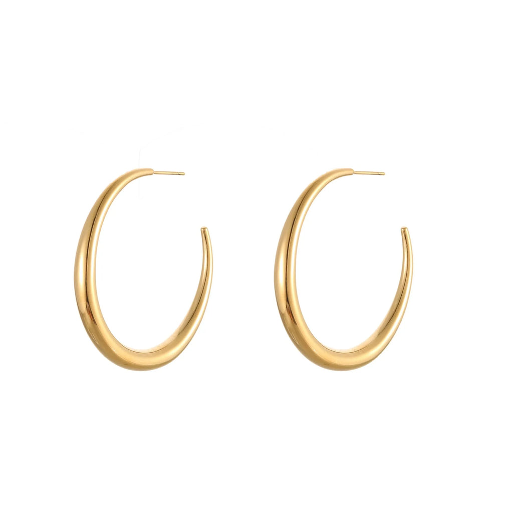 A pair of round titanium steel hoop earrings with an 18K gold plated finish, shown in large and small size options.