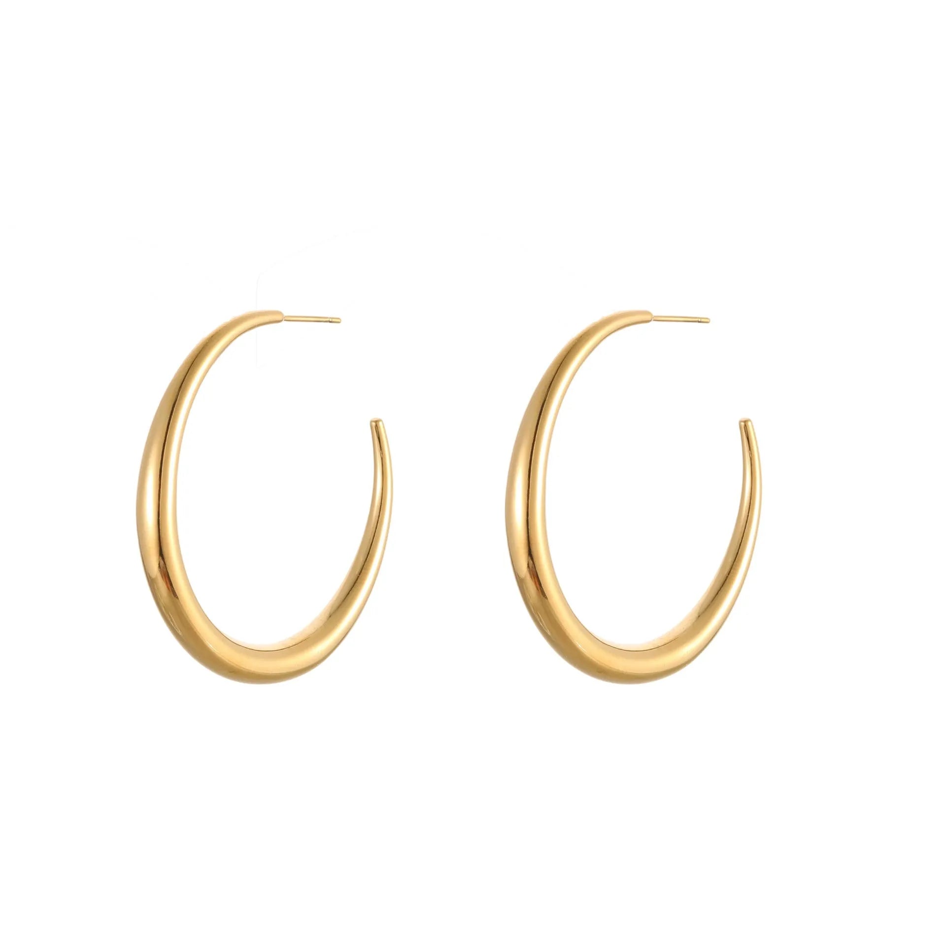 A pair of round titanium steel hoop earrings with an 18K gold plated finish, shown in large and small size options.