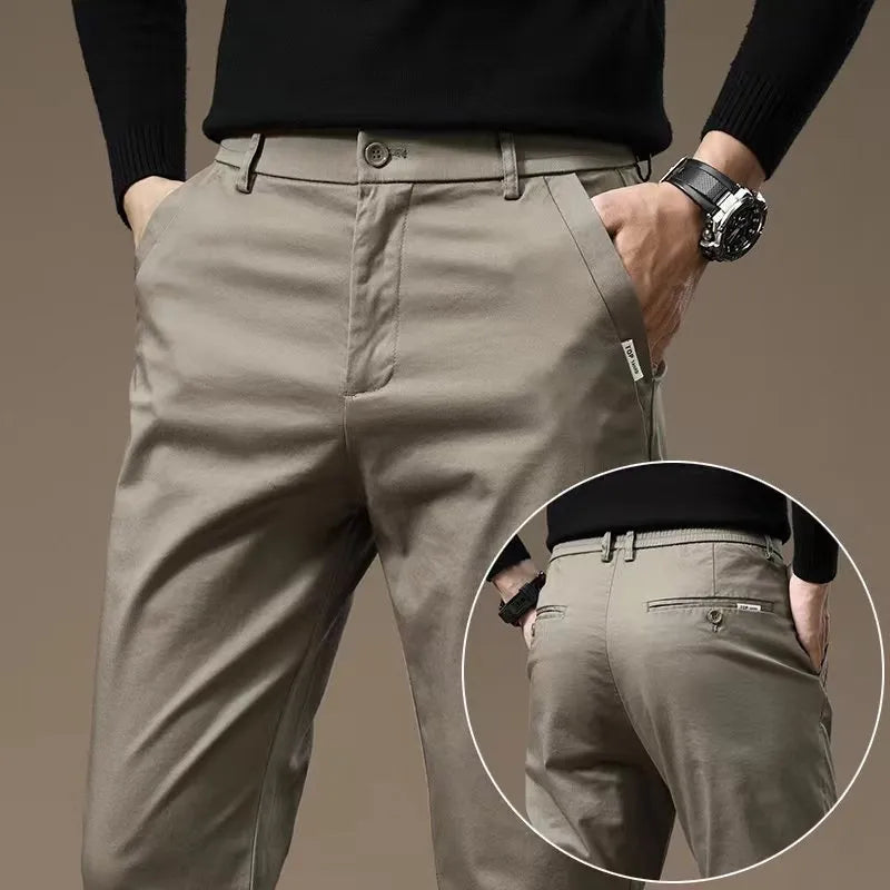 Combed cotton light business casual trousers for men, mid waist, medium elastic, available in black, dark gray, khaki, grass gray, sizes 28 to 36