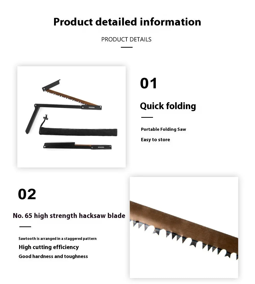 Black foldable outdoor survival saw with aluminium and nylon frame, showing folded design.