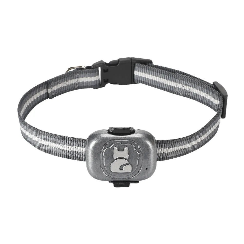 Black pet GPS locator device with hanging rope for collar attachment showing IP67 waterproof rating