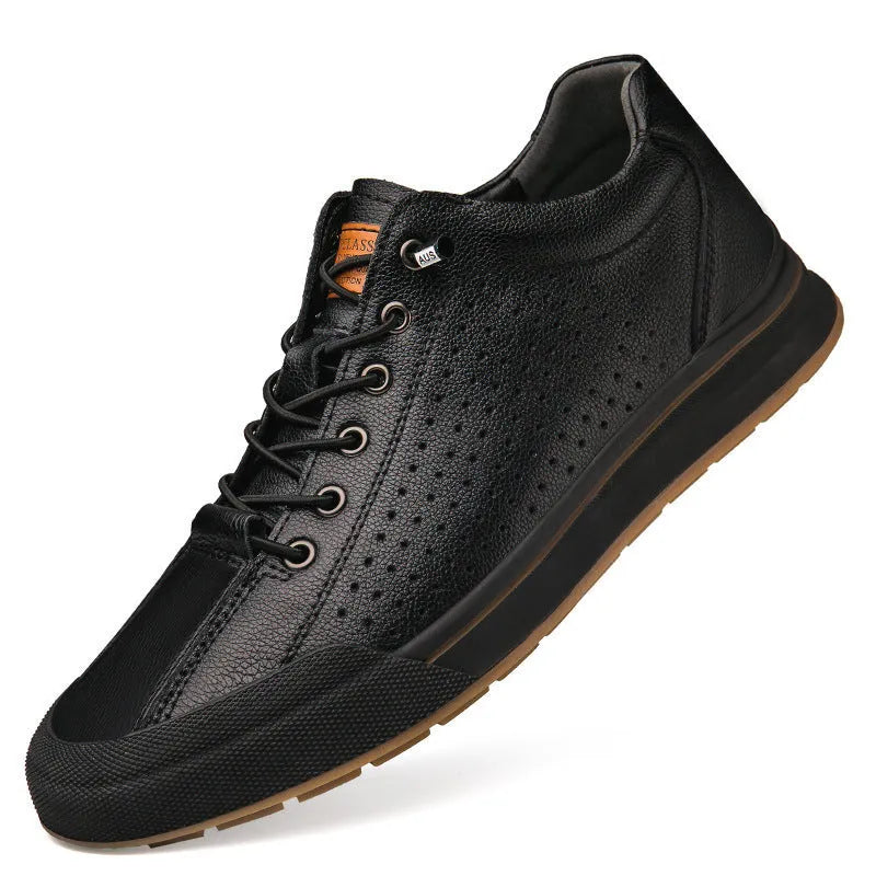 Men's white matte leather flat heel shoes with round toe and 6CM construction