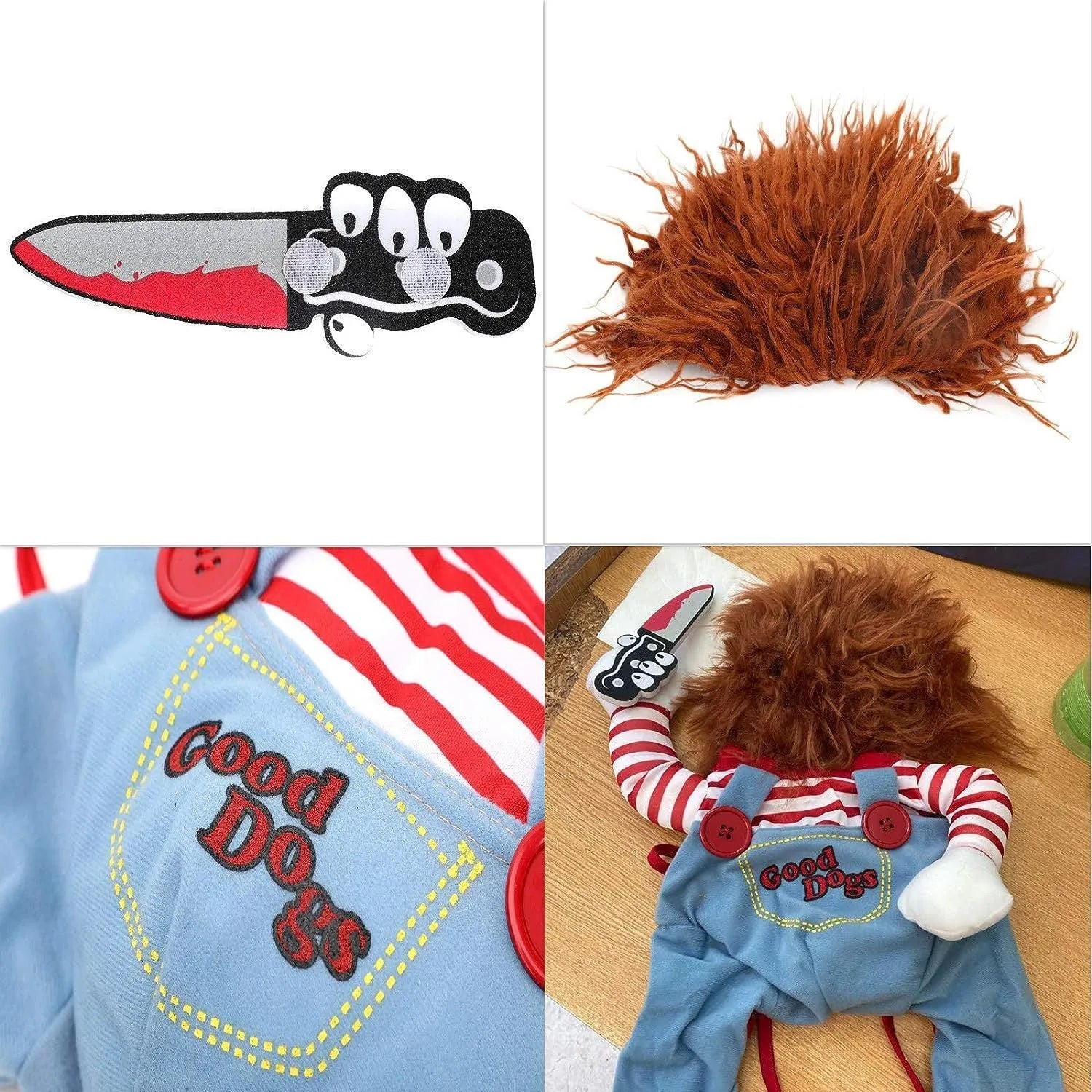 Striped Halloween harness pants costume with toy knife for dogs and cats in four size options