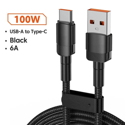 Black woven USB cable with aluminium alloy connectors shown at 100W fast charge length options