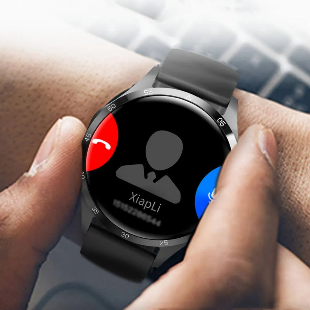 Black Bluetooth smartwatch with touch screen showing health stats, on silicone or Milan net strap.
