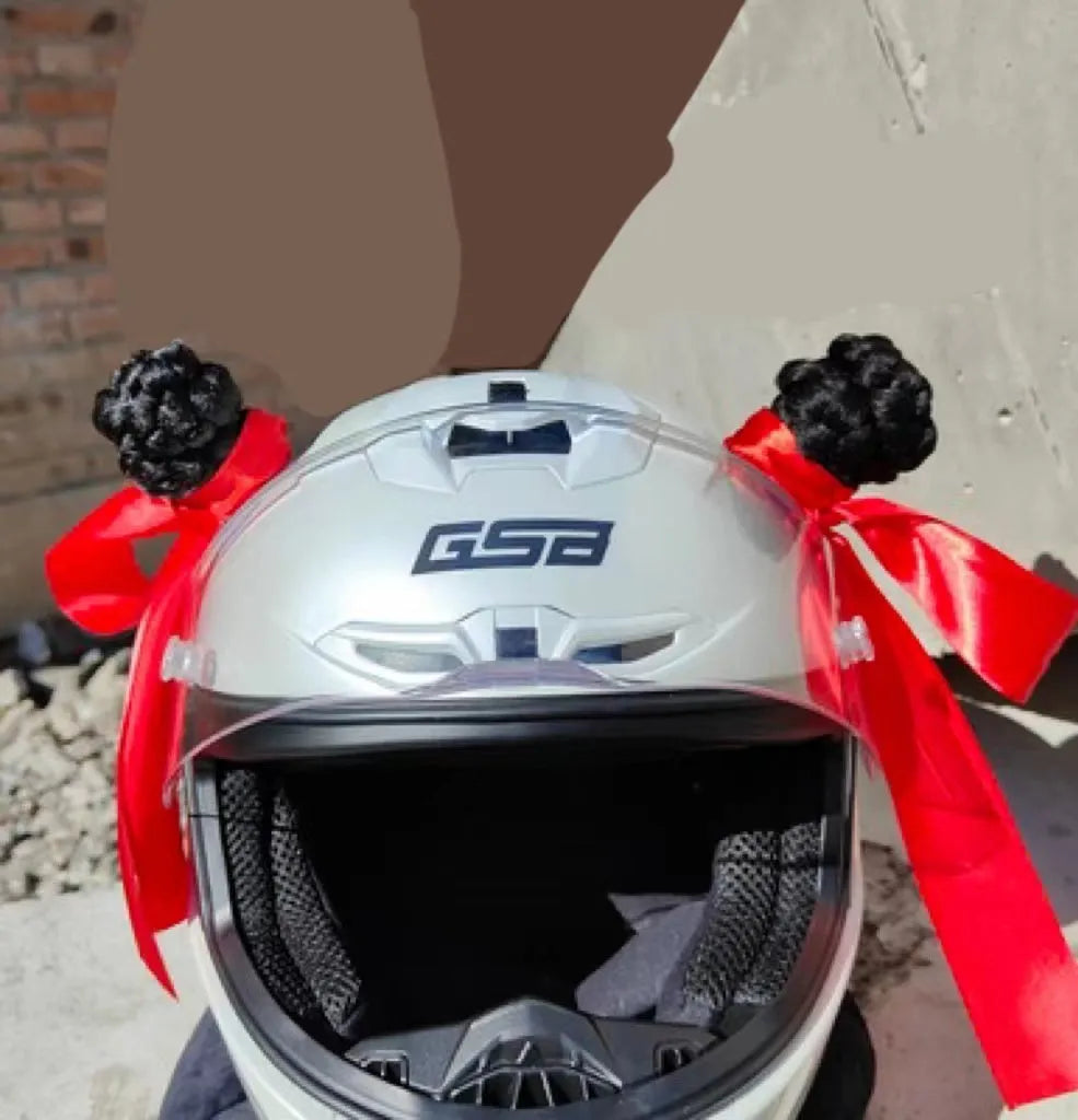Pair of 8cm tall braid decorations with adhesive backing for motorcycle helmet customisation