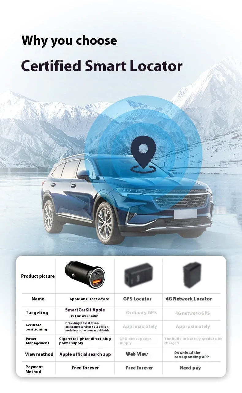Black car GPS locator device plugged into a vehicle's 12V cigarette lighter socket.