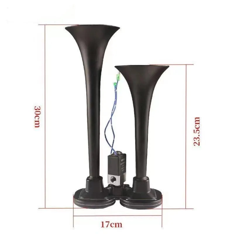 Black dual trumpet 300DB loud air horn and compressor kit for 12V and 24V vehicles.