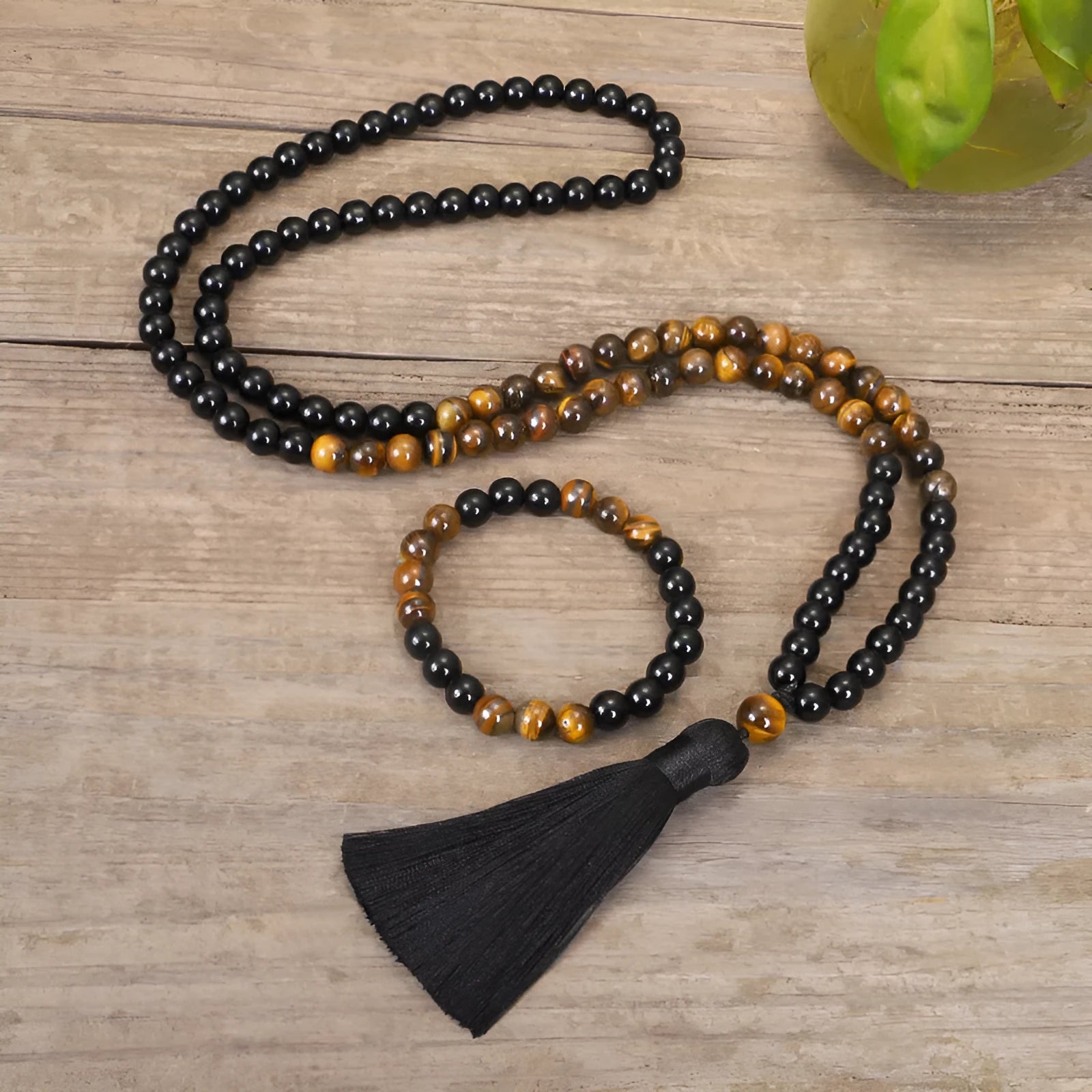 Vintage style tiger eye stone necklace with tassel pendant on ball bead chain