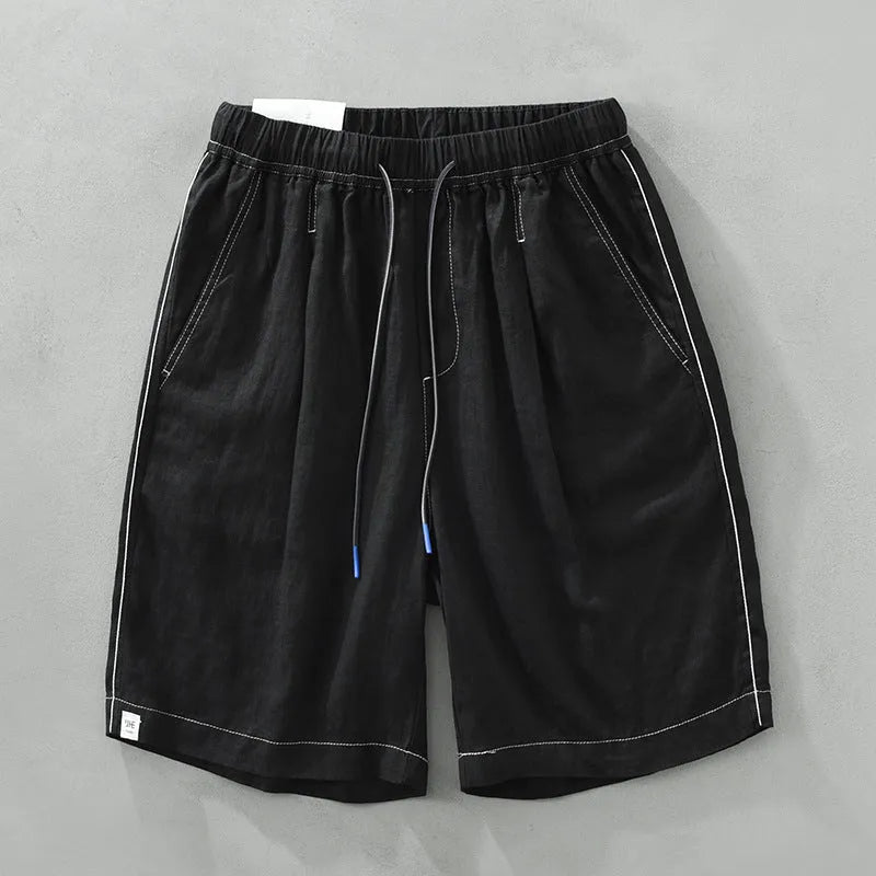 Men's loose straight linen shorts in green or black with drooping casual style