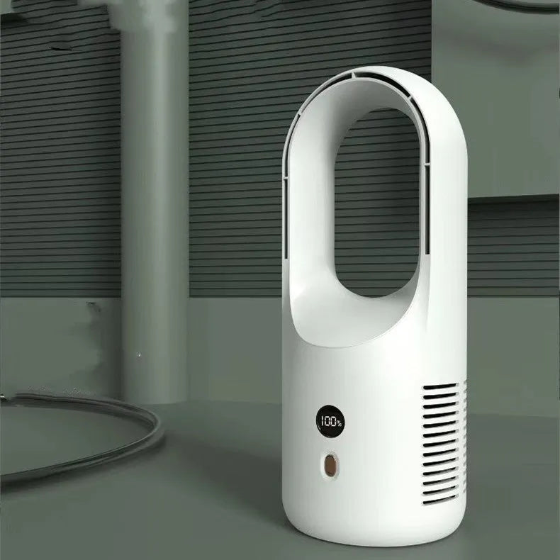 USB rechargeable bladeless desktop fan X28 with LED display showing silent portable cooling