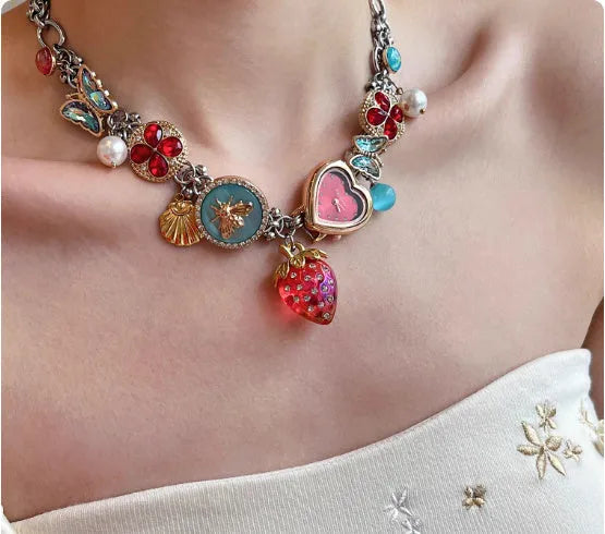 Red blue titanium steel necklace with strawberry clock and butterfly pendant