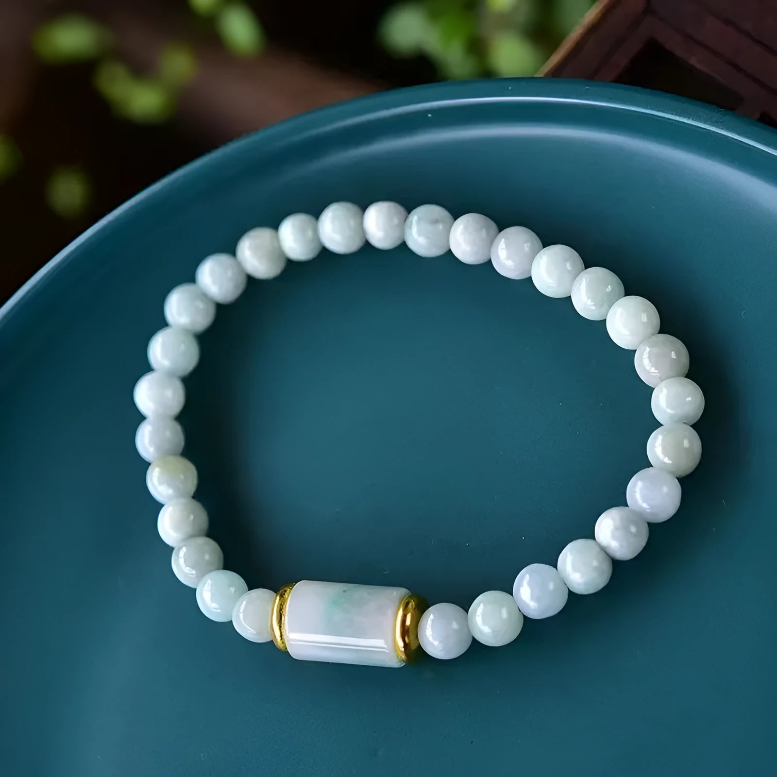 Myanmar jade bracelet with 8mm emerald colour round beads in geometric ethnic style design