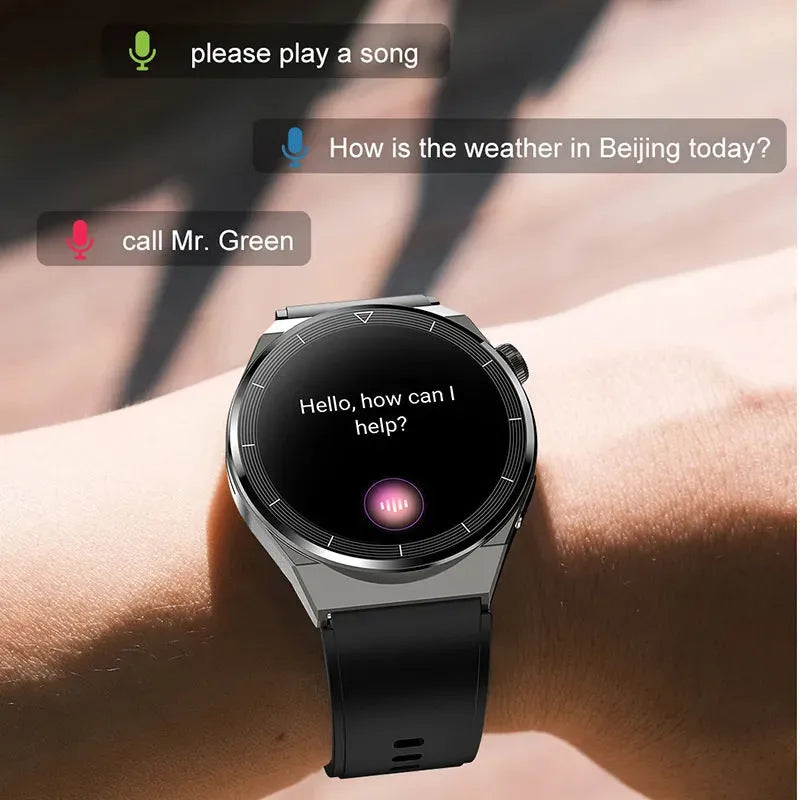 Black and silver smartwatch with silicone strap showing a heart rate monitoring display on its touchscreen.