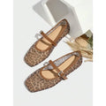 Leopard print mesh flat sandals for women with chain detail on Mary Jane style, brown colour, wool lining