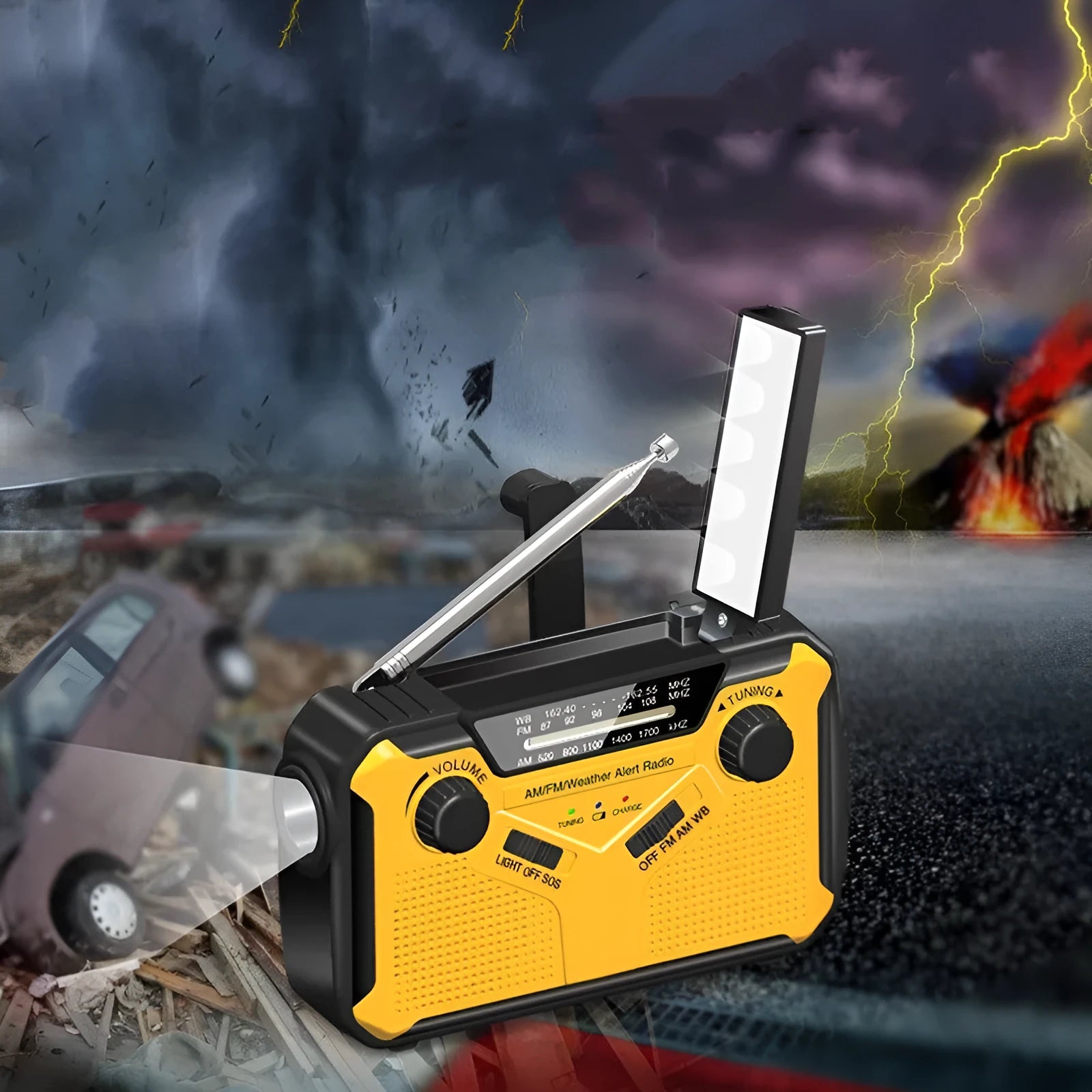 Yellow weather forecast solar emergency radio with solar panel, hand crank, and multi-band tuning