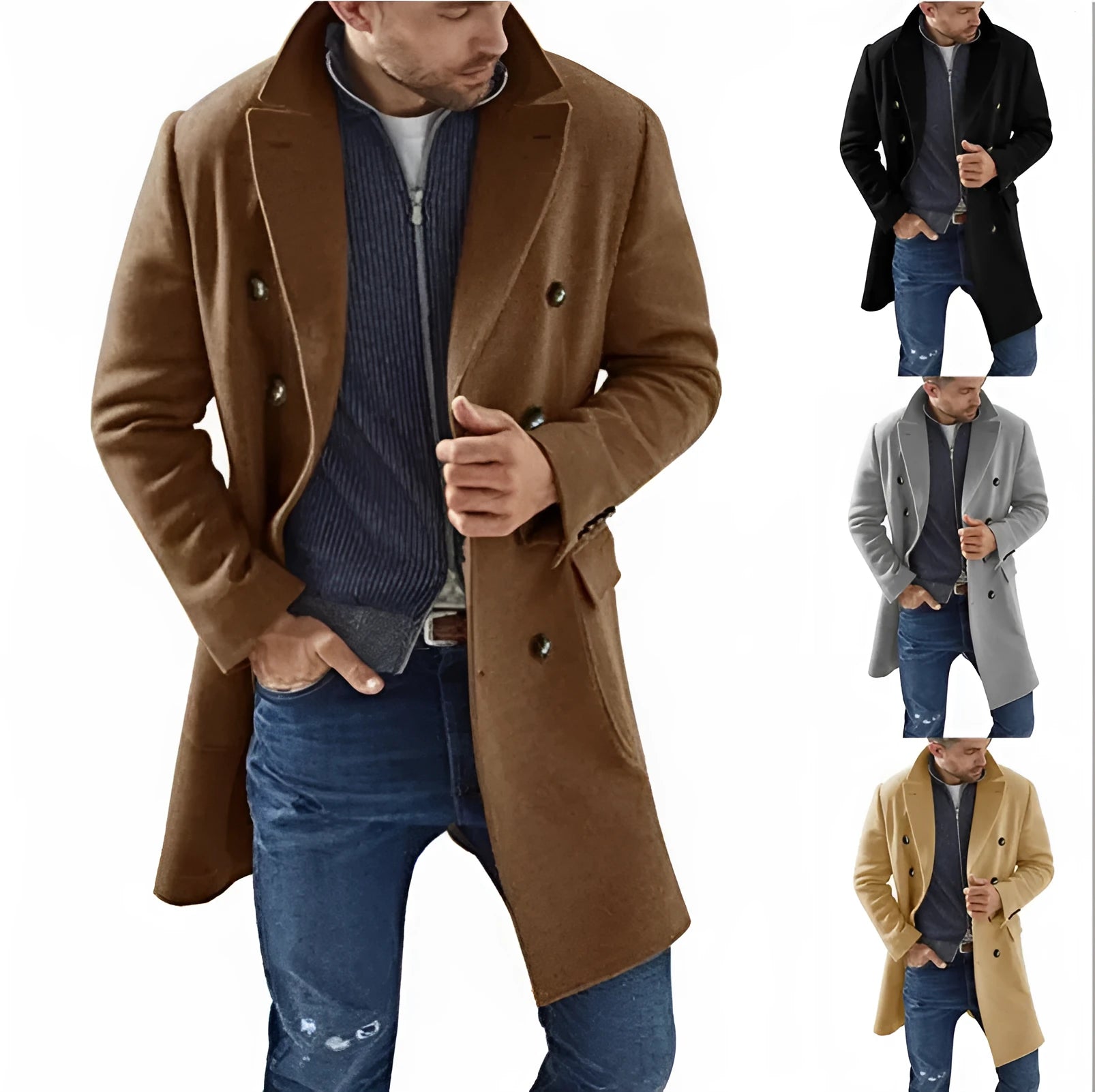 Men's woolen coat warm padded jacket solid colour polyester lining front view