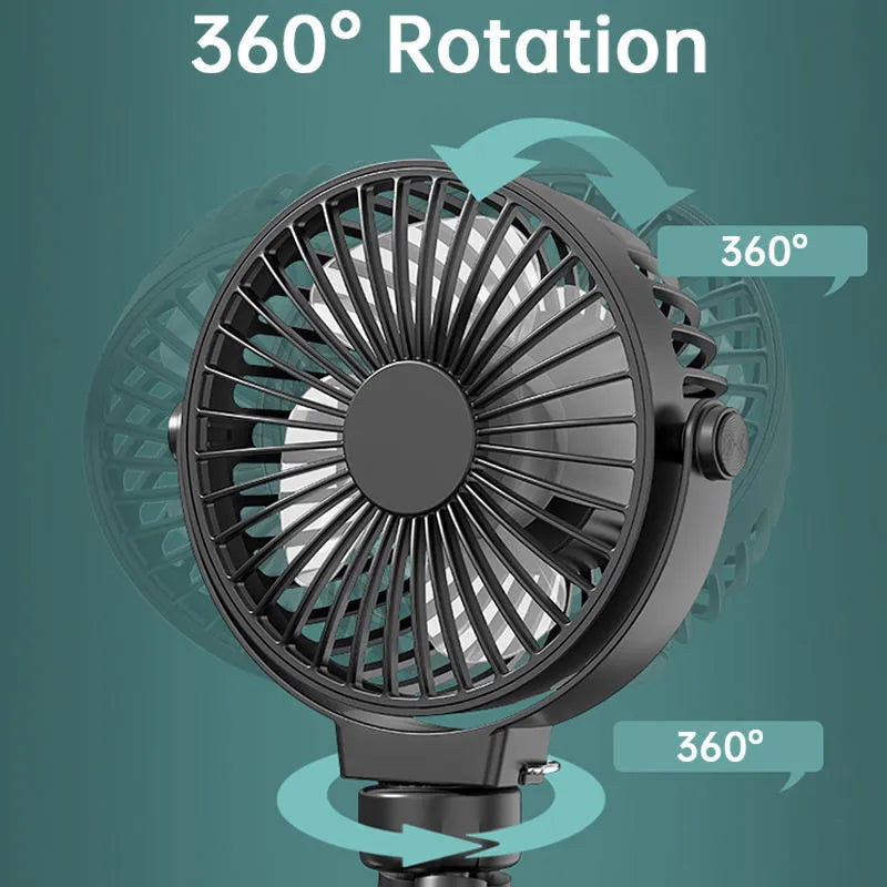 Black flexible tripod USB fan showing clip mechanism and 360° rotation capability