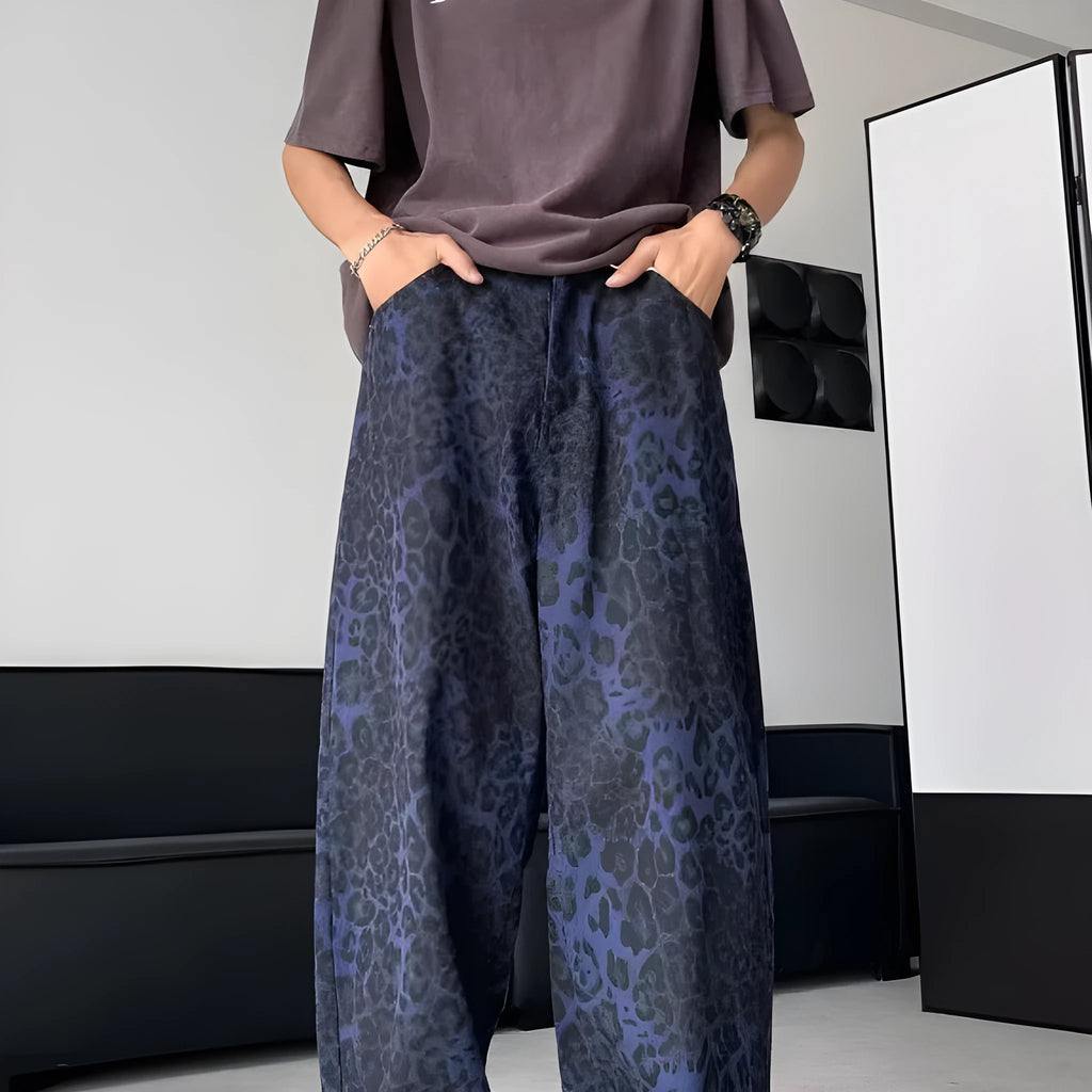 Blue cotton leopard print wide-leg pants with zip fly, full-length view
