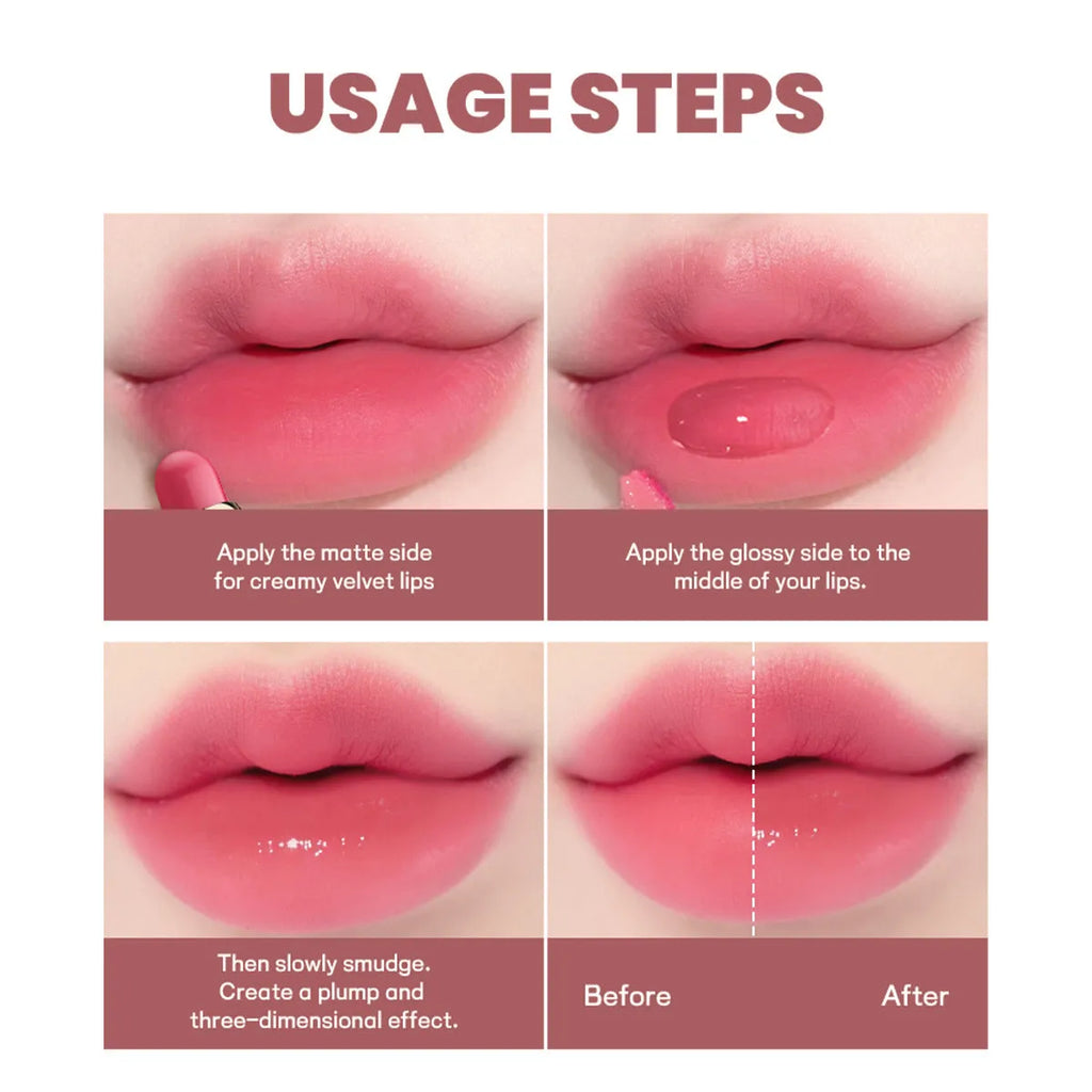 Double-headed lipstick with matte finish showing ten colour options from 01 to 10