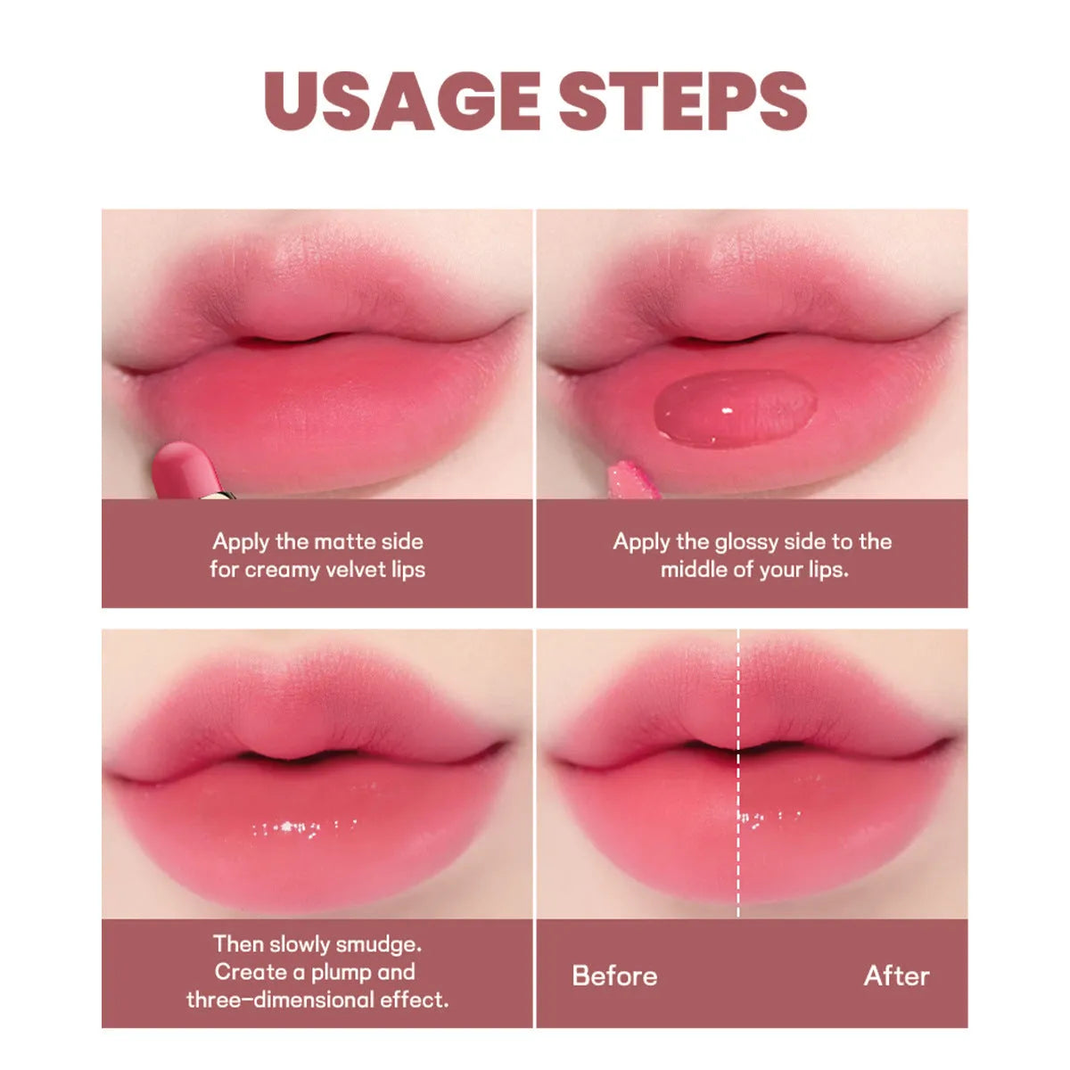 Double-headed lipstick with matte finish showing ten colour options from 01 to 10
