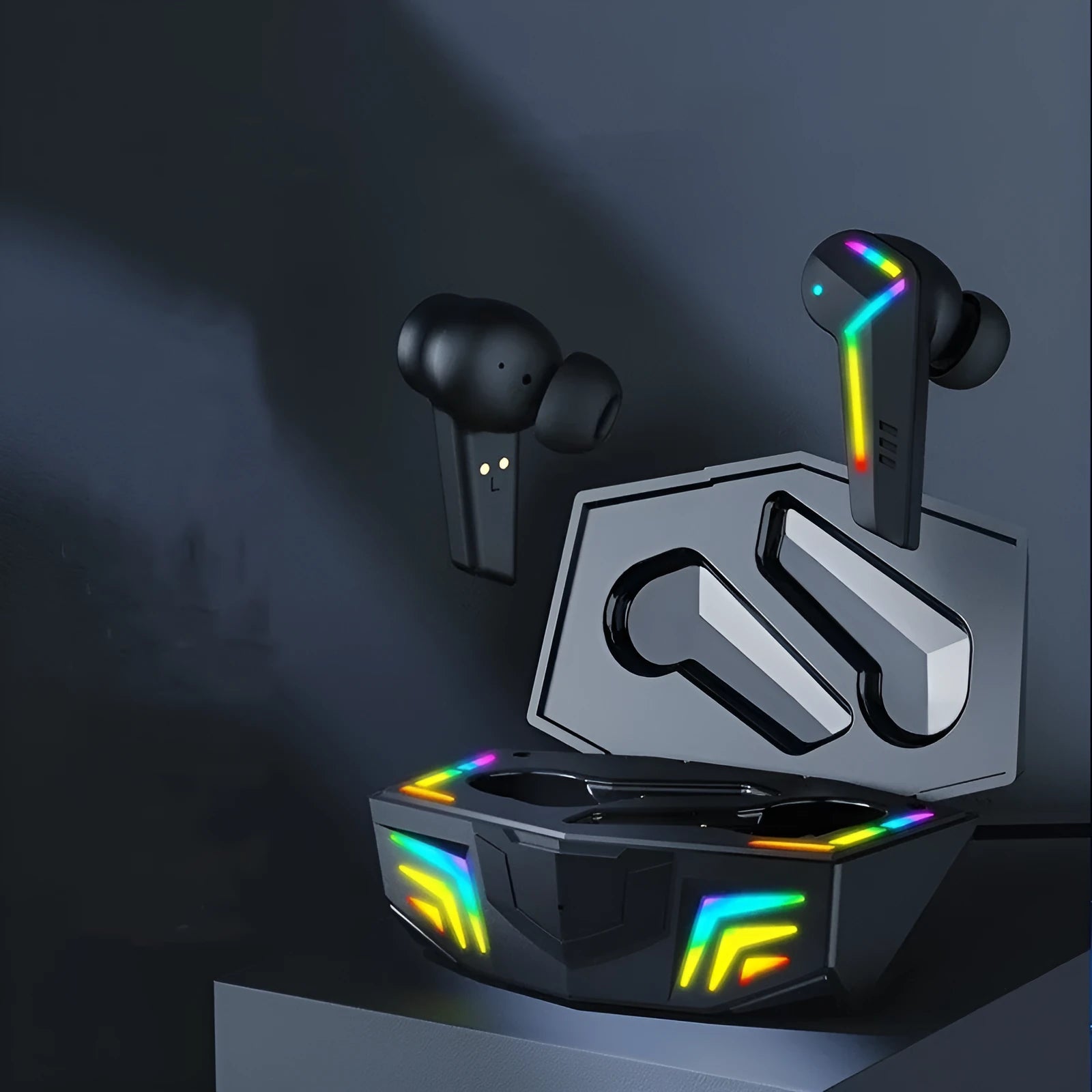 Small black wireless Bluetooth sports headset with low latency for gaming.