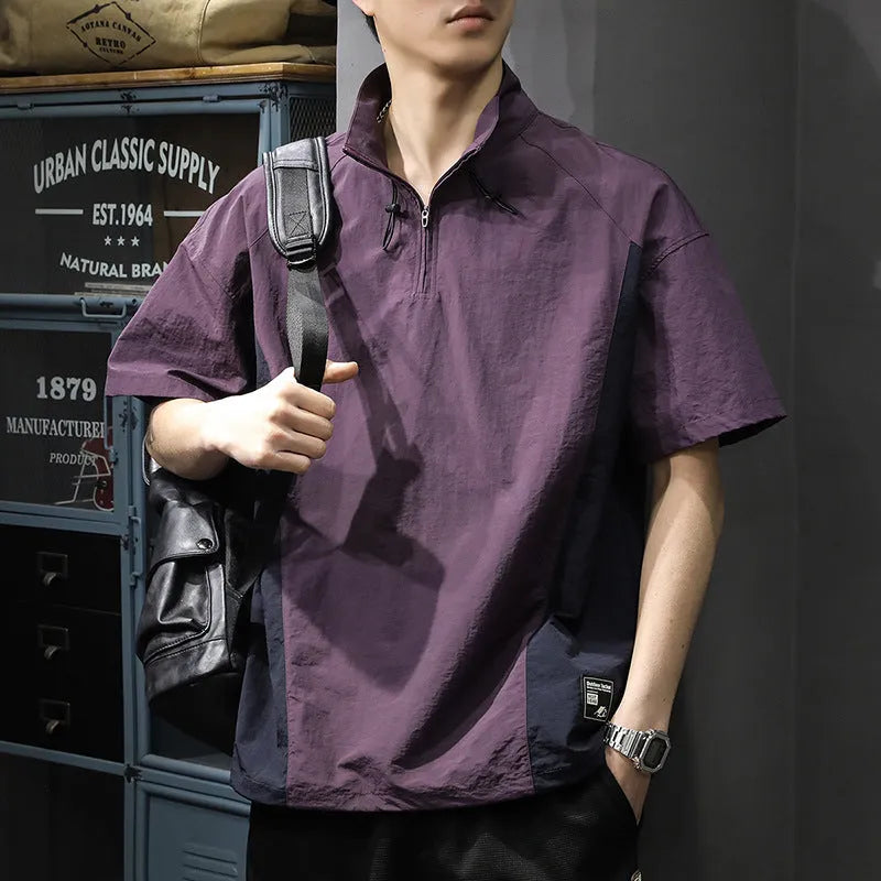 Men's brown ice silk half-zip business casual shirt with a stand collar and short sleeves.