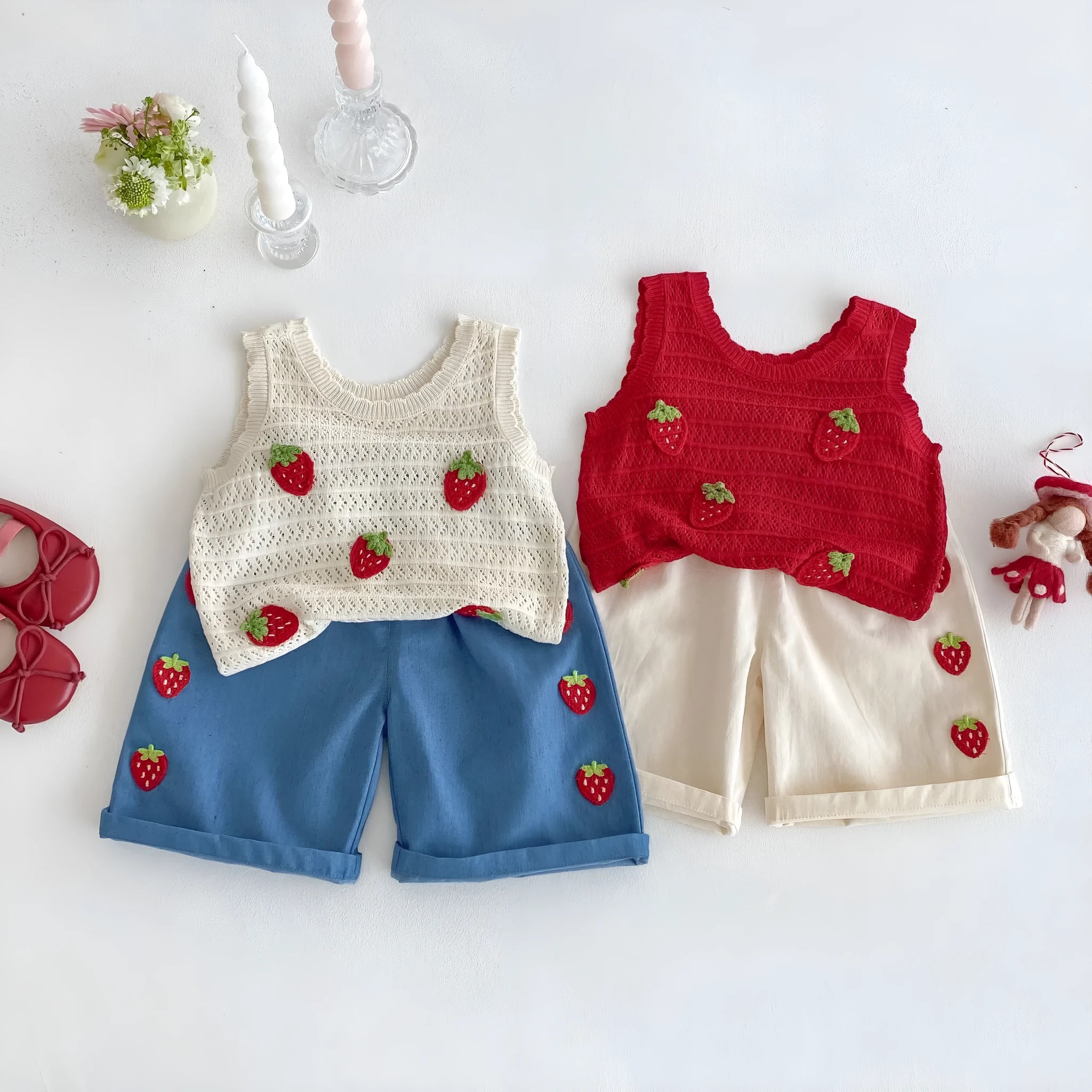 Girls Korean style strawberry patch vest and beige trousers set on child