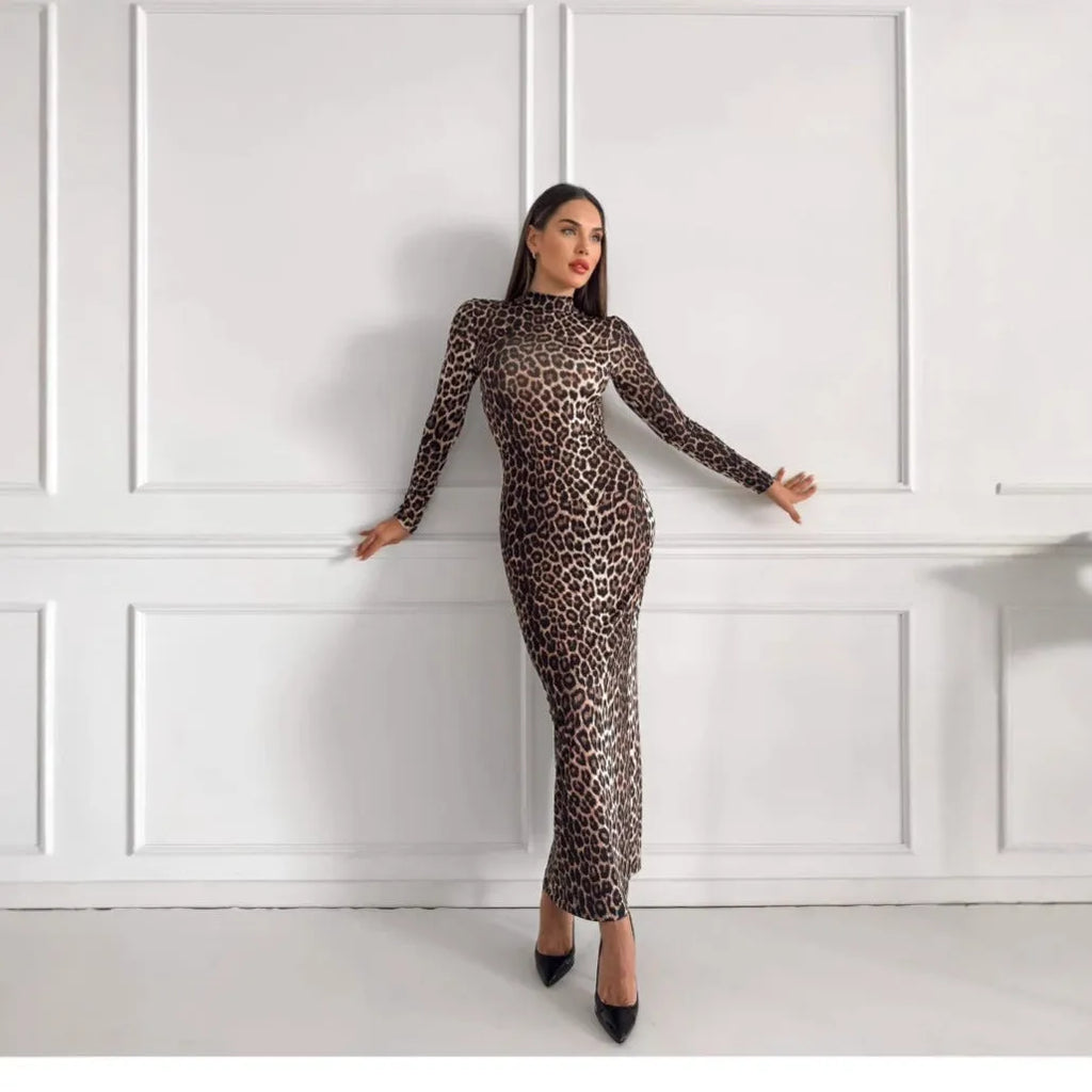 Leopard print women's long dress with stand collar and long sleeves.