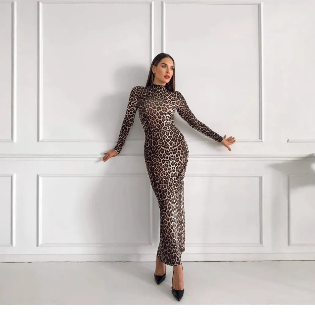 Leopard print women's long dress with stand collar and long sleeves.
